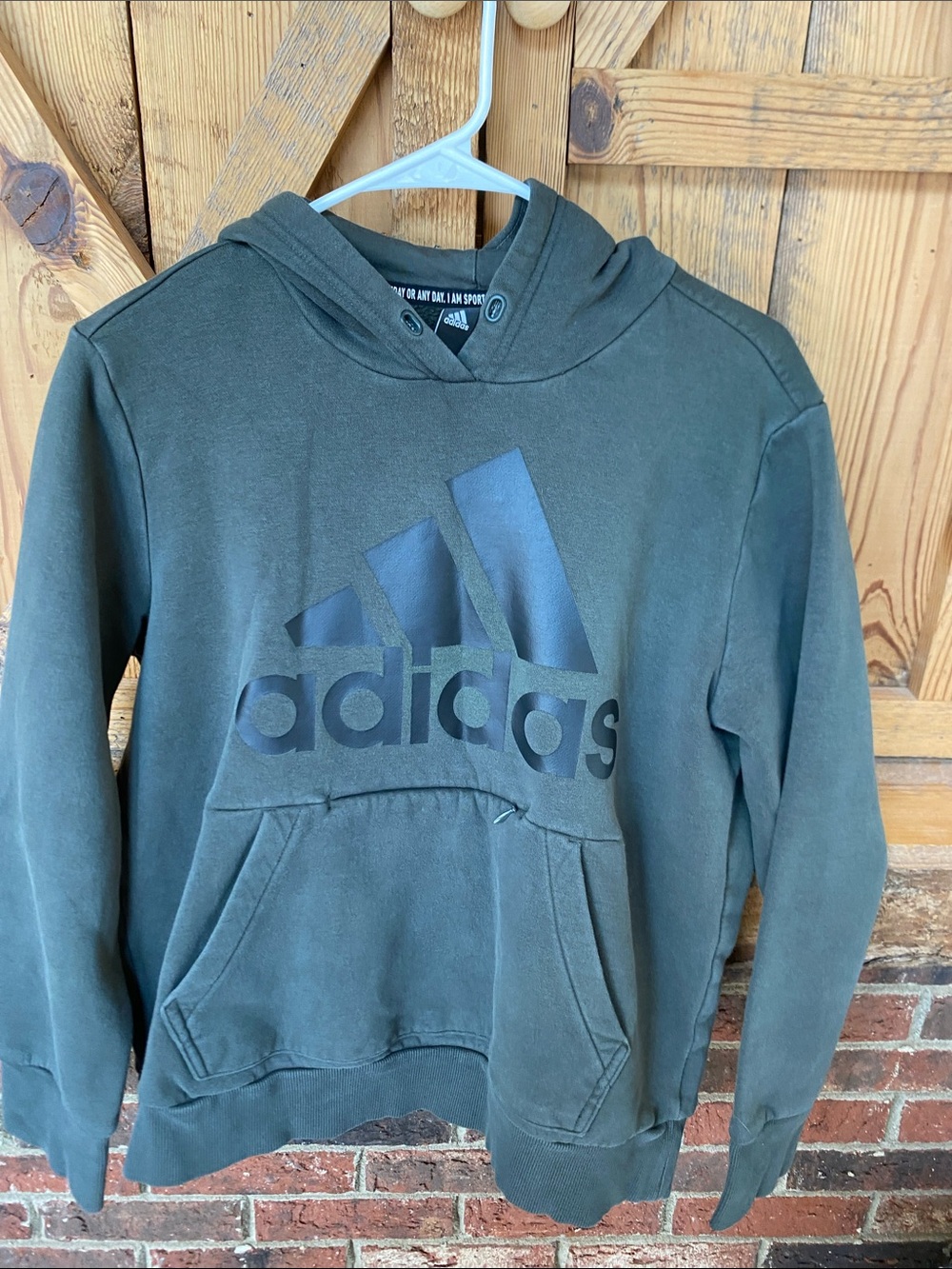 Adidas Olive Green Pullover Hoodie Black Logo missing draw strings kids large